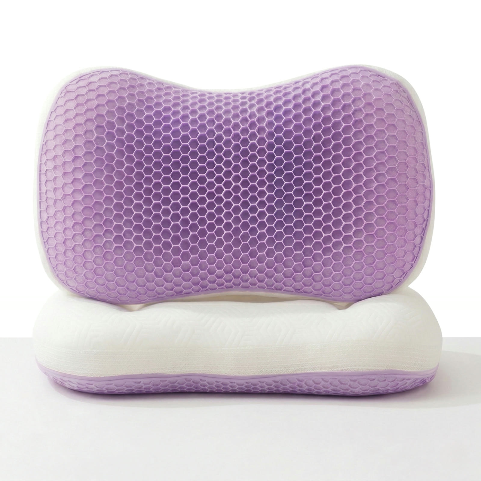Oreiller DOZIA Air — coussin alvéolaire lavande à structure nid d'abeille ouverte, vu de face en studio