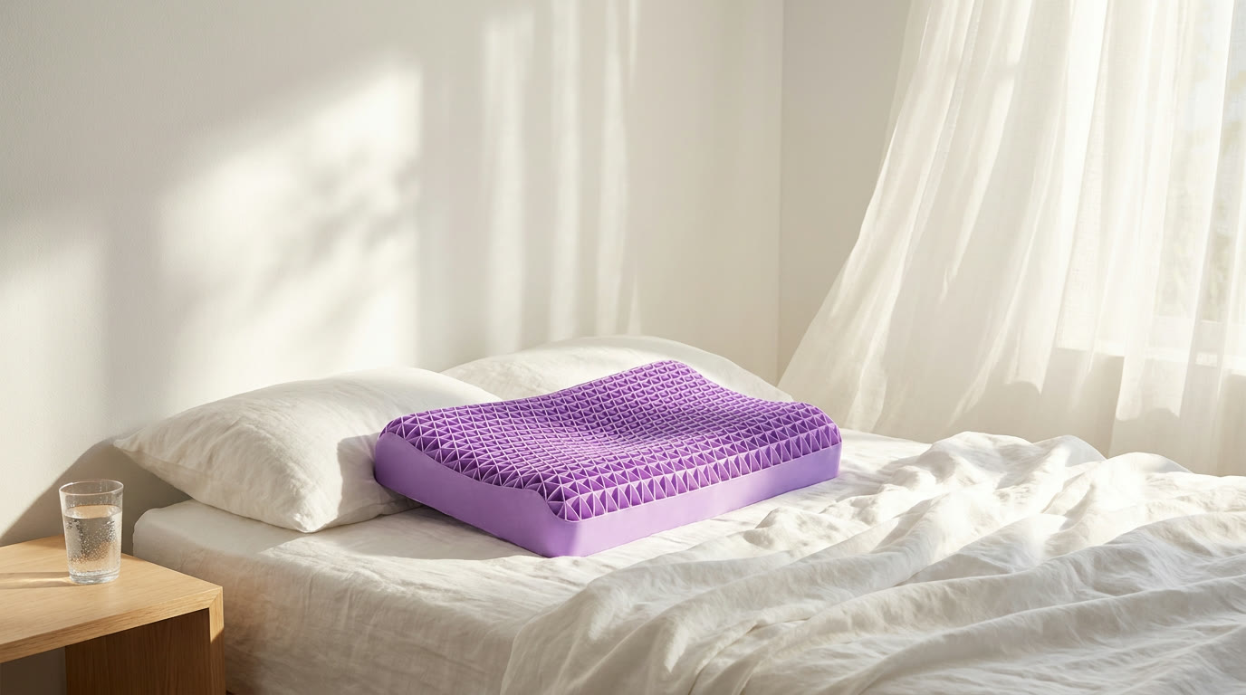 Chambre d'été baignée de soleil : l'oreiller DOZIA Sleep violet posé sur un lit en lin blanc, rideaux légers dans la brise