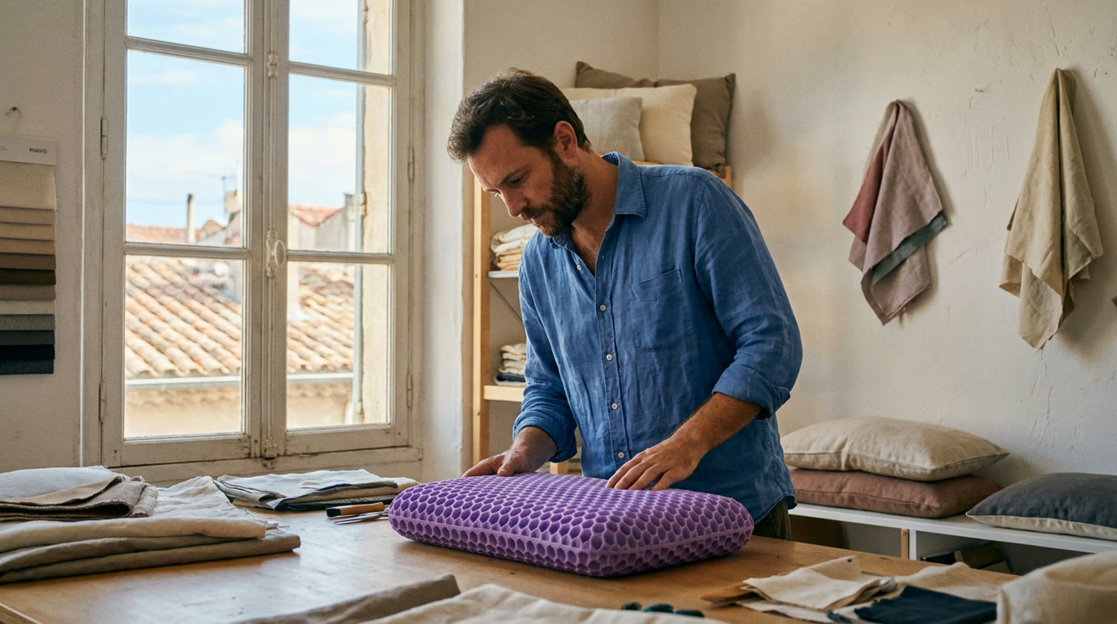 Le fondateur de DOZIA examine un prototype d'oreiller alvéolaire dans l'atelier lumineux de Marseille, toits de tuiles en arrière-plan