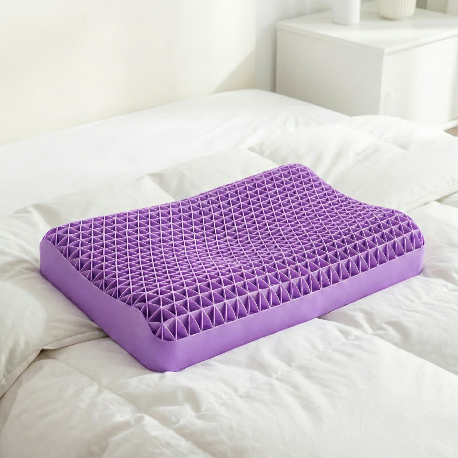L'oreiller DOZIA Sleep posé sur un lit blanc dans une chambre lumineuse, sa vague ergonomique bien visible